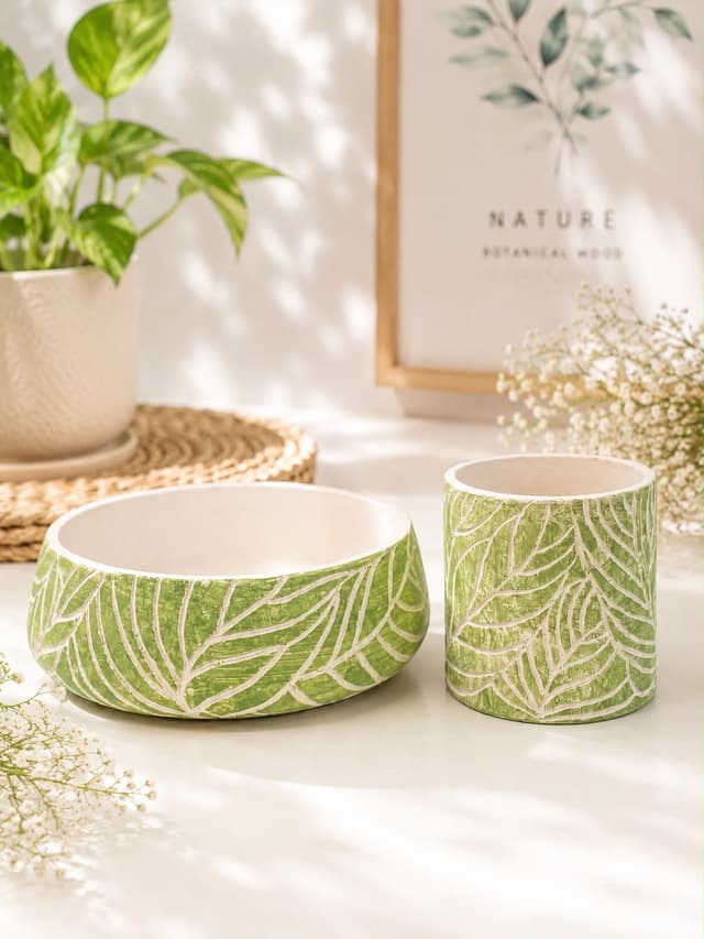 Botanical collection carved leaves with sage wash