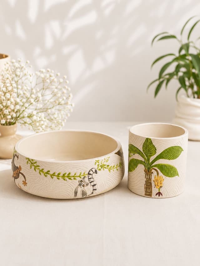 Hand-painted Jungle Story planter pair with lemurs and banana palms
