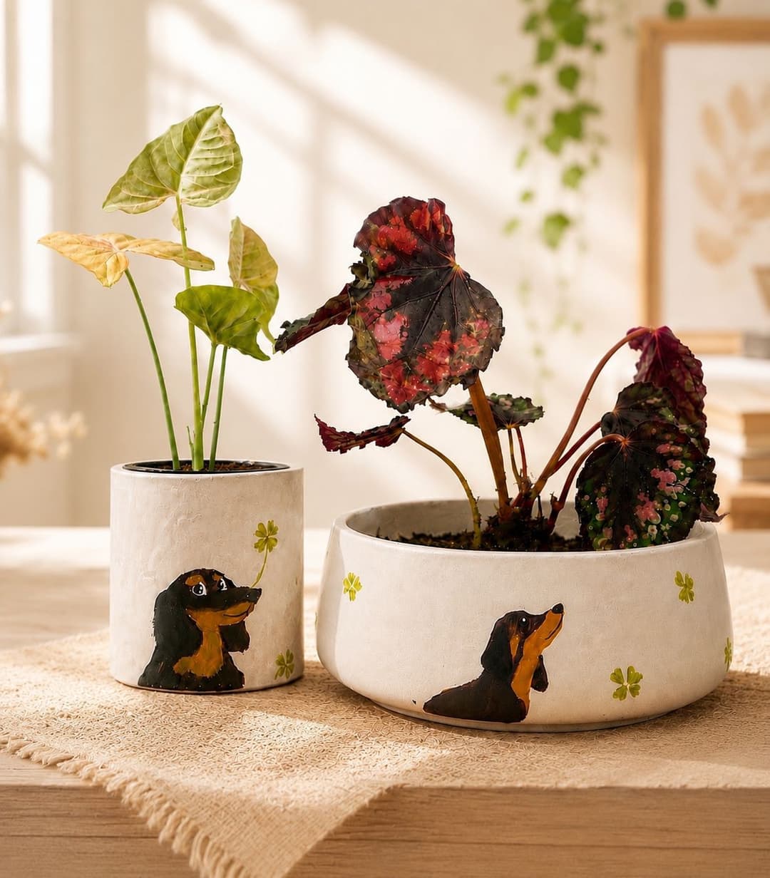 Custom hand-painted dachshund dog planter set with indoor begonia and syngonium plants