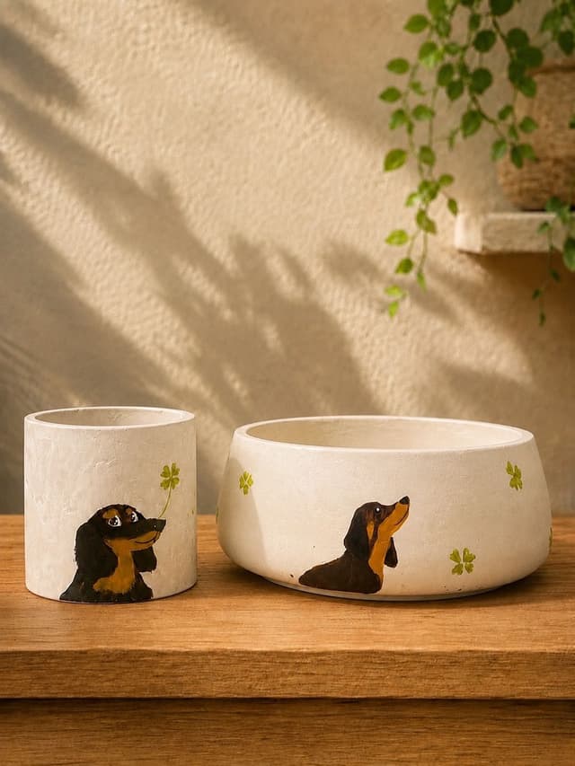 Hand-painted pet portrait and botanical clovers on planter pair